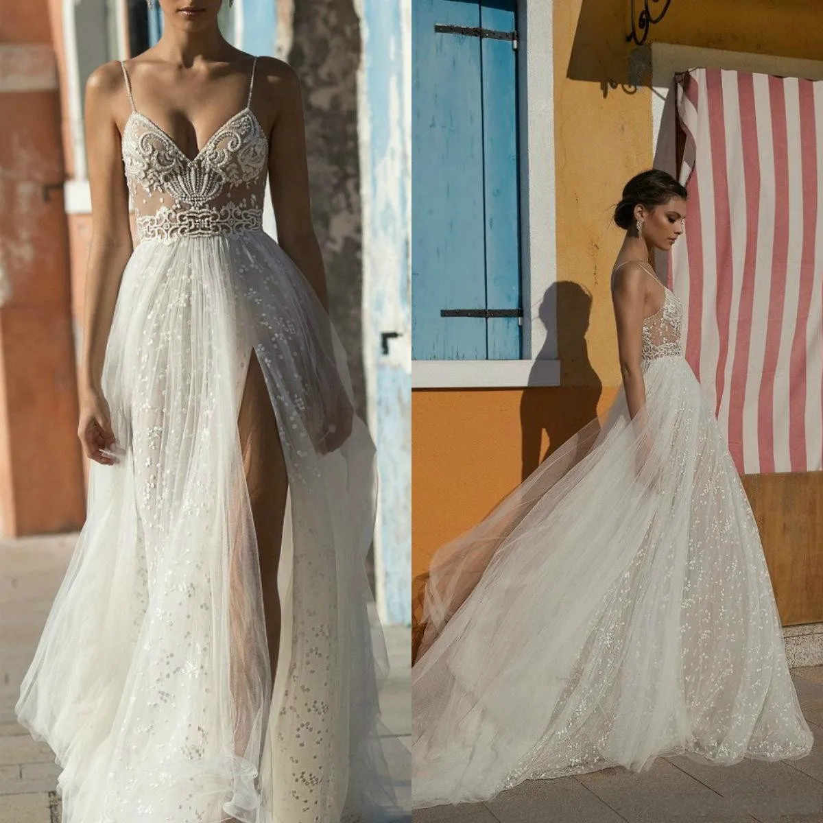 

Beach Wedding Dresse Split Spaghetti Illusion Sexy Boho Bridal Gowns Pearls Backless Bohemian Vestido De Noiva Свадебное Платье