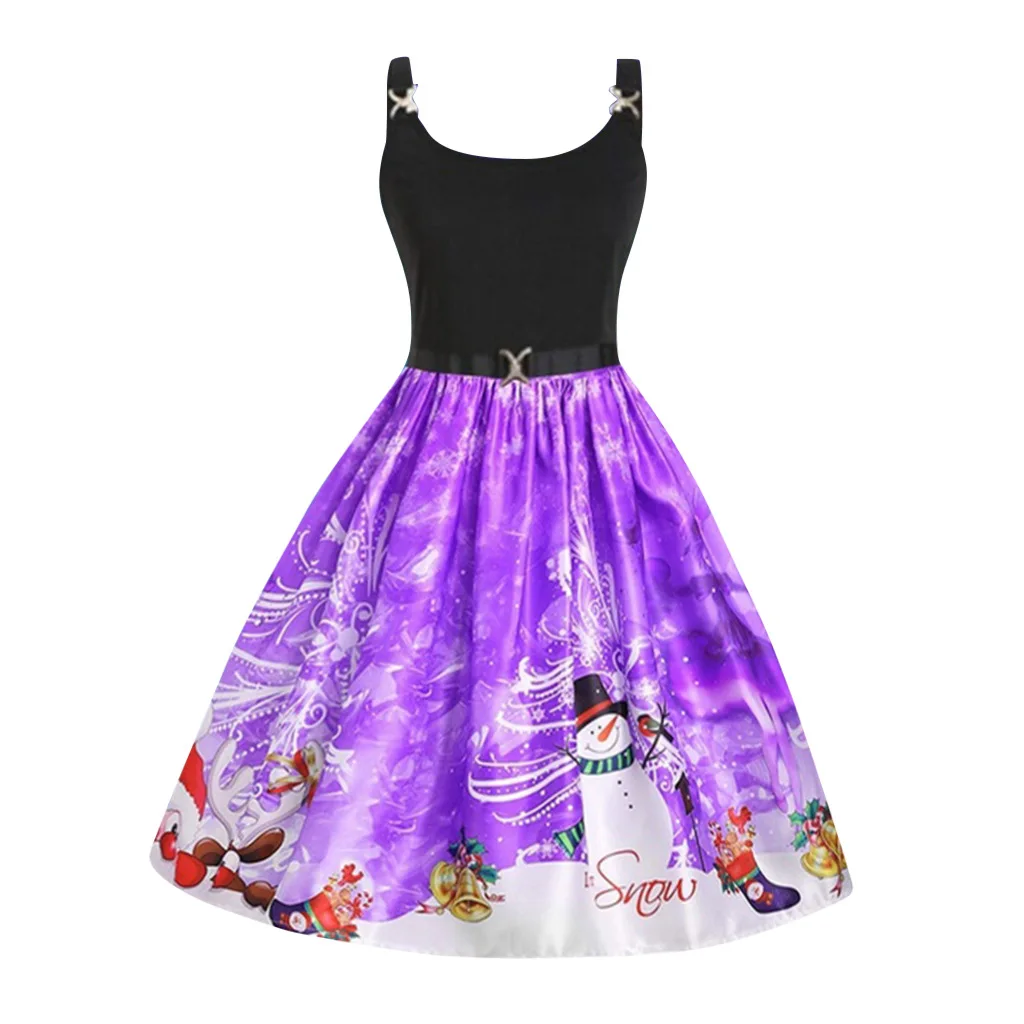 

Women Dress Xmas costume Vintage Christmas Print Belt Sleeveless High Waist Round Neck Swing Party Dress