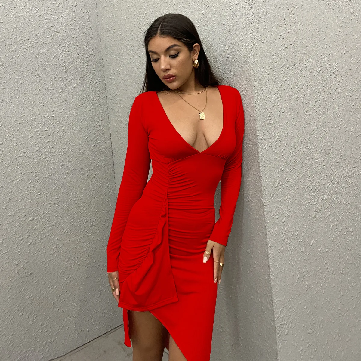 

Women Sexy Solid V-neck Dress Long-sleeved Bag Hip Pleated Dress Irregular Patchwork Bodycon High Waist Party Dresses 3 Colors