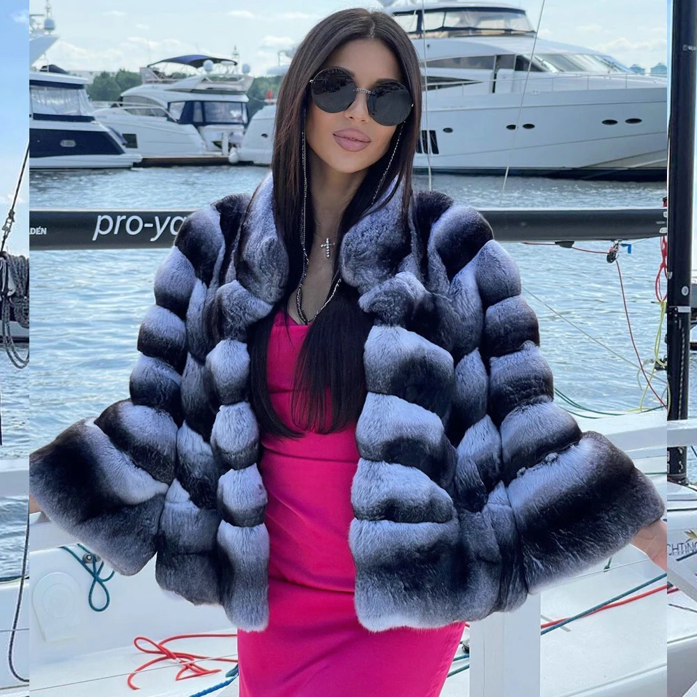 Women Natural Rex Rabbit Fur Coat Stand Collar New Trendy Woman Genuine Rex Rabbit Fur Jacket Chinchilla Color Fur Overcoats
