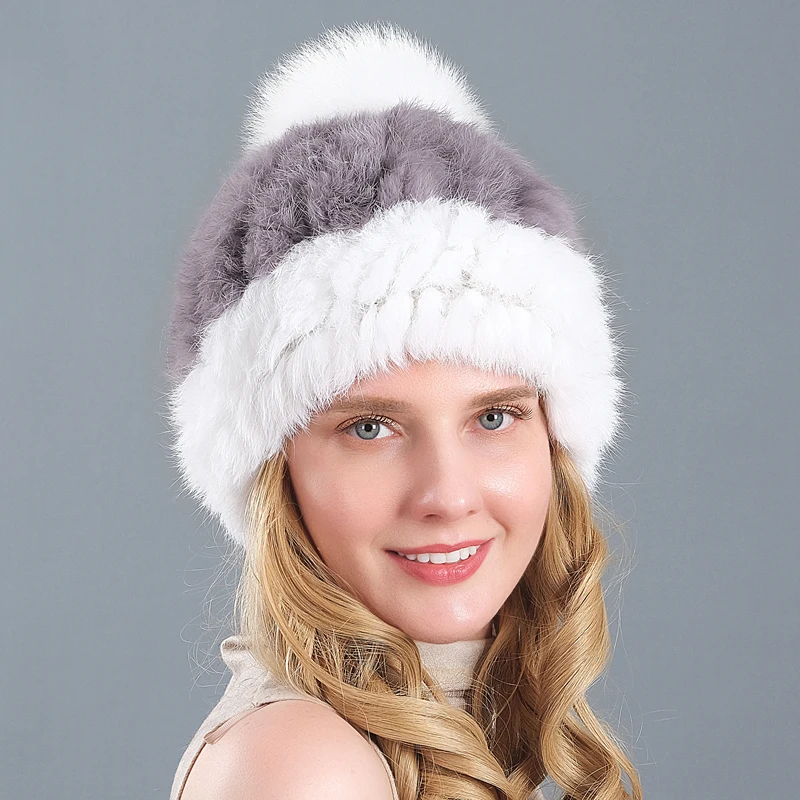 

Spring Winter Rabbit Fur Hat for Women 100% Real Rabbit Fur Caps Lady warm Headwear Lady Knitted Real Fur Elastic Hats