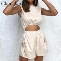 glamaker hollow out sexy fashion romper women casual pocket spring summer short jumpsuit loose home sleeveless playsuit 2021