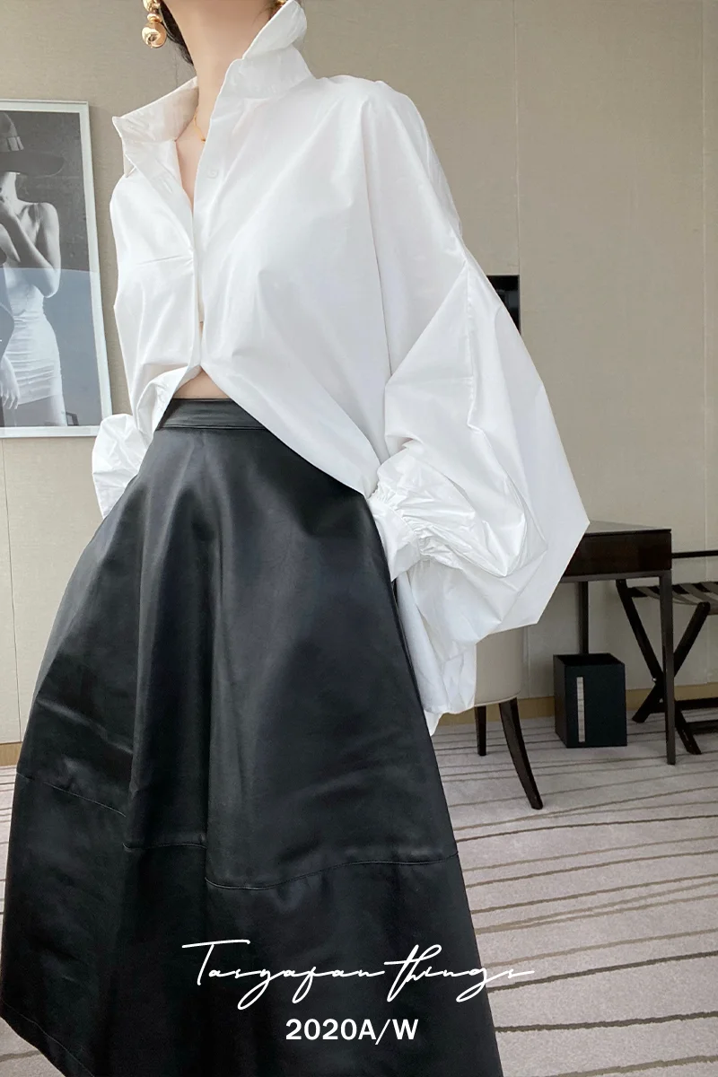 

White cotton shirt female design sense niche outside wear all-match lantern sleeve high-end shirt women
