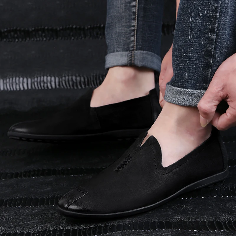 

2021 Fashion Men's Casual Shoes Loafers Male Slip-On Solid Black Breathable Man Shoe Genuine Leather Nice Platform Shoes For Men