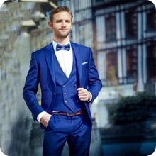 2021 High Royal Blue Men's Suit Peak Lapel Groom Slim Formal Prom Dress Groomsman 3- piece Set (Jacket + Pants + Vest + Bow Tie) (1)