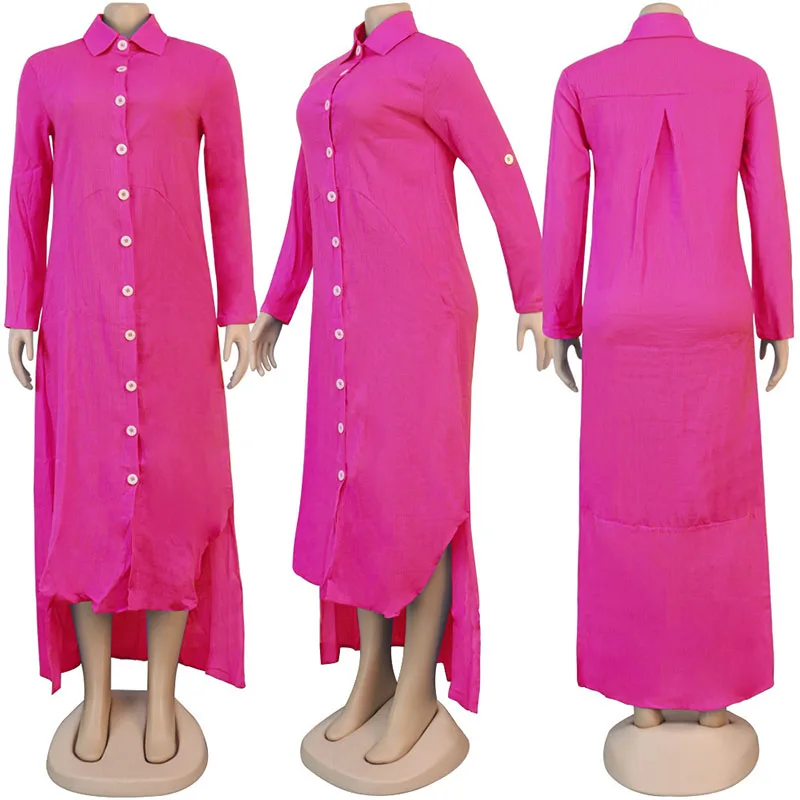 

Solid Color Button Office Lady Loose Maxi Shirt Dress New Autumn Hot Style Model European and American Woman Outfits