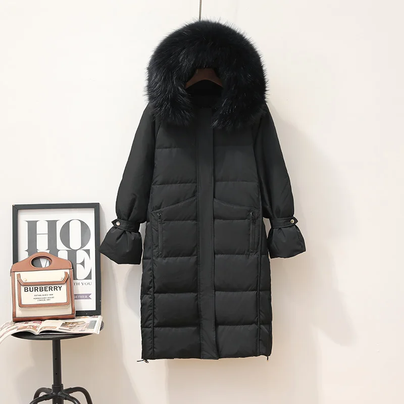 black real fur LUZUZI женский белый пуховик X-long Зимний плотный свободный большой воротник из натурального меха енота с капюшоном зимний пуховик женский - Цвет: black real fur