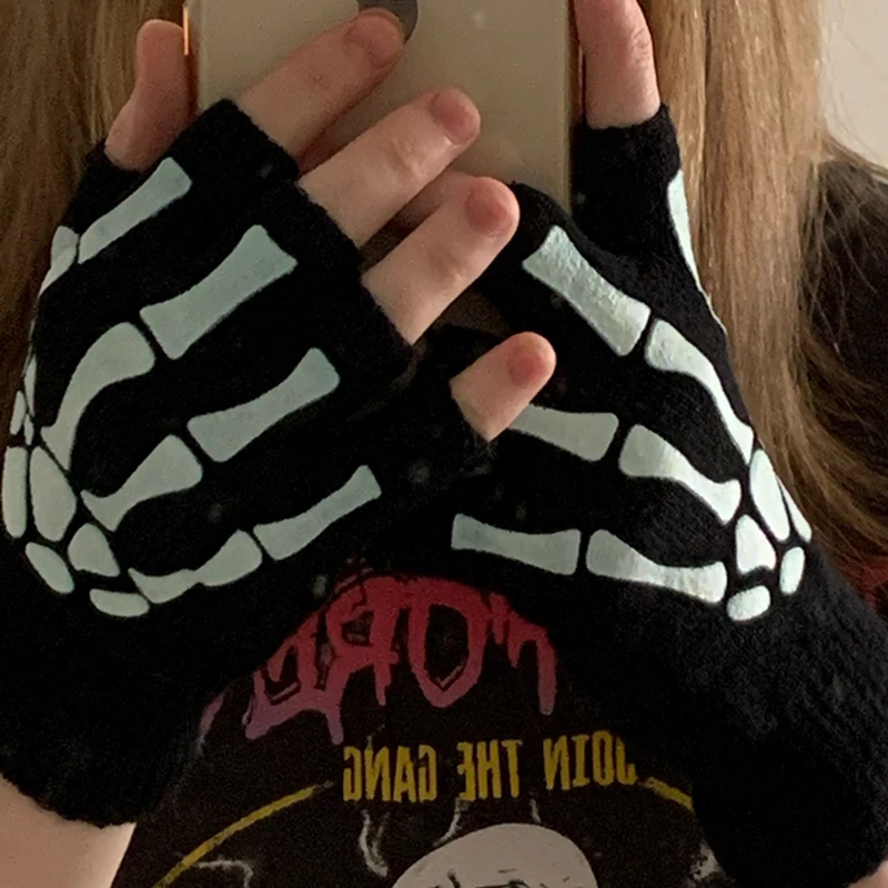 Guantes de ciclismo para deportes al aire libre, medio esqueleto, protecci&oacute;n suave, Punk, Unisex, Calavera, dedo que brilla en la oscuridad, mitones de punto de invierno-4