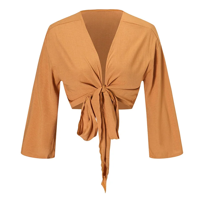 Модный летний осенний укороченный топ Одноцветный сексуальный глубокий v