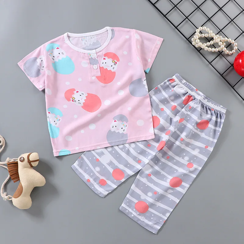 Детские пижамы Летний Тонкий хлопковый домашний костюм с футболкой короткими