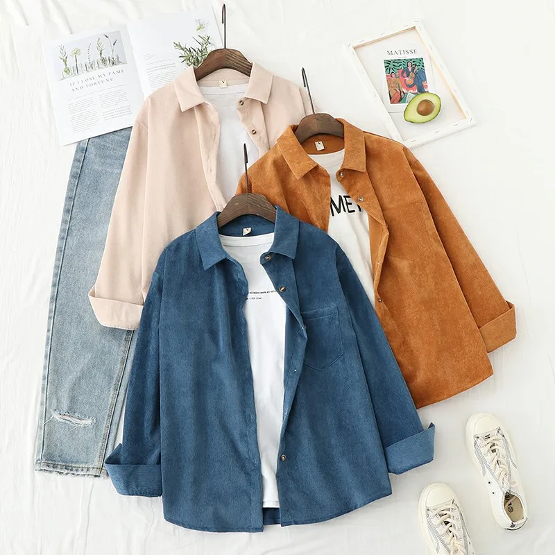 

2021 Spring Autumn Women Solid Corduroy Long Sleeve Vintage Shirt Jacket Outwear Female Casual Tops GD625