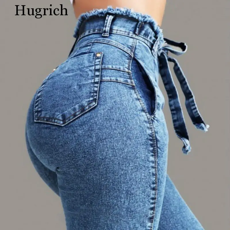 

High Waist Jeans For Women Slim Stretch Denim Jean Bodycon Tassel Belt Bandage Skinny Push Up Jeans Woman