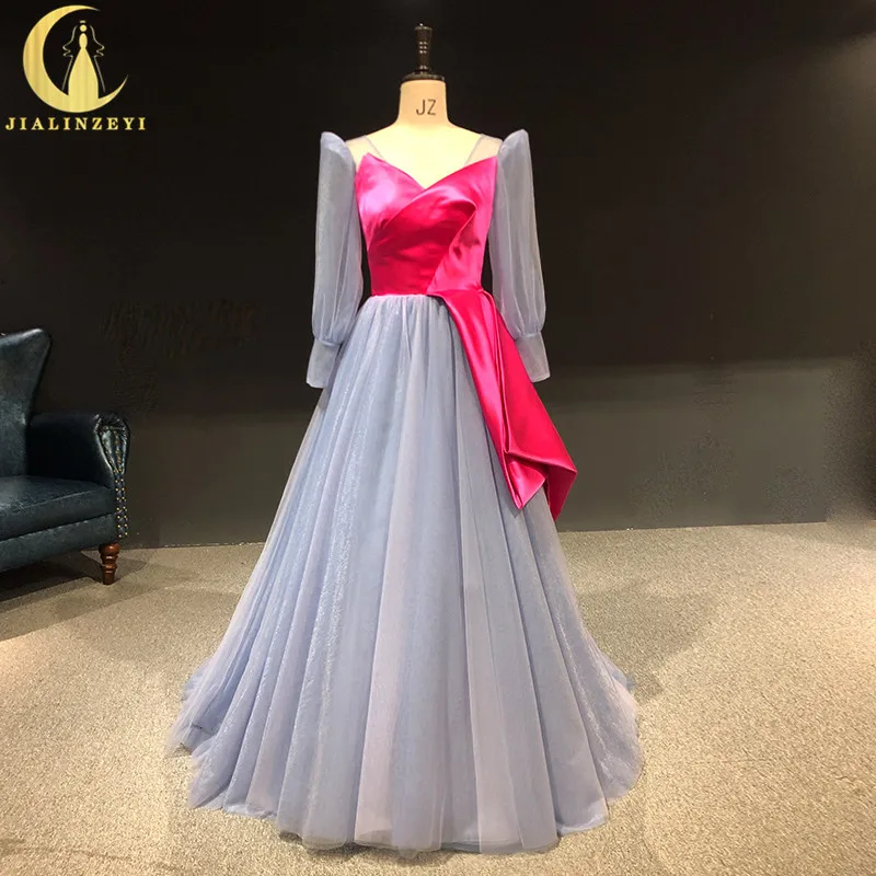 

Rhine Real picture Long Sleeves V Neck Satin With Tulle A-line vestido de fiesta de boda evening dresses