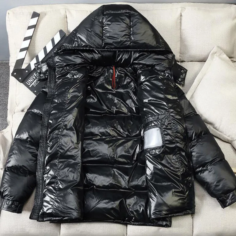Мужская теплая зимняя куртка блестящее пальто с капюшоном синий утиный пух