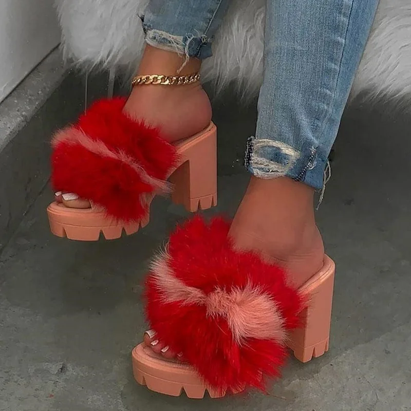 

Sexy Party High Heel Sandals Fur Women's Shoes 2021 Stripper Heels Shoes Platform Furry Night Club Shoes Plus Size Woman Sandals