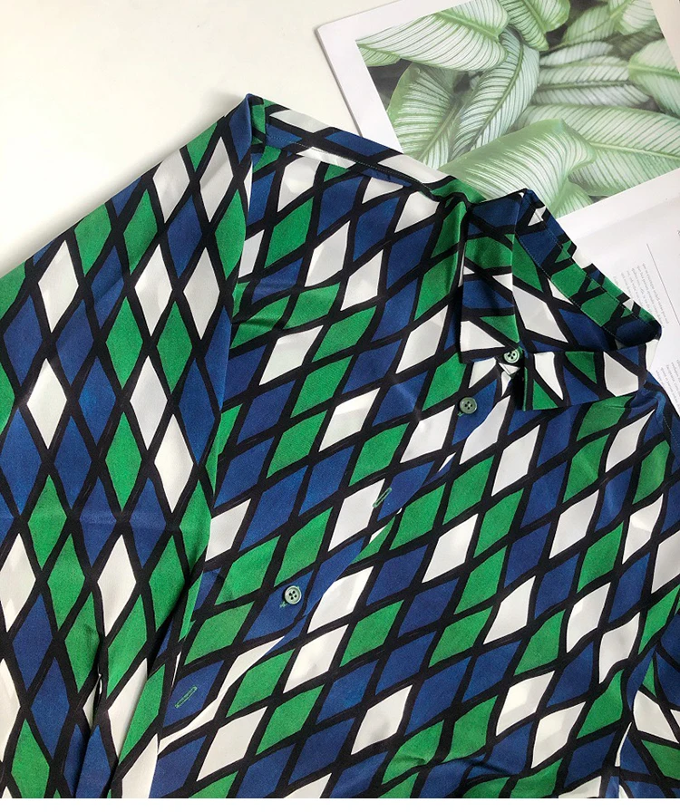 

100% Silk Brand Fashion Women's High Luxury Vintage Geometric Lattice Color Matching Thin Temperament Loose Silk Shirt Blouse