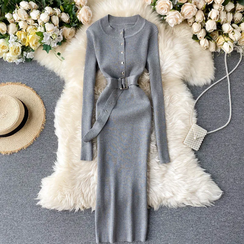 Женское винтажное трикотажное платье ALPHALMODA с длинными рукавами на пуговицах