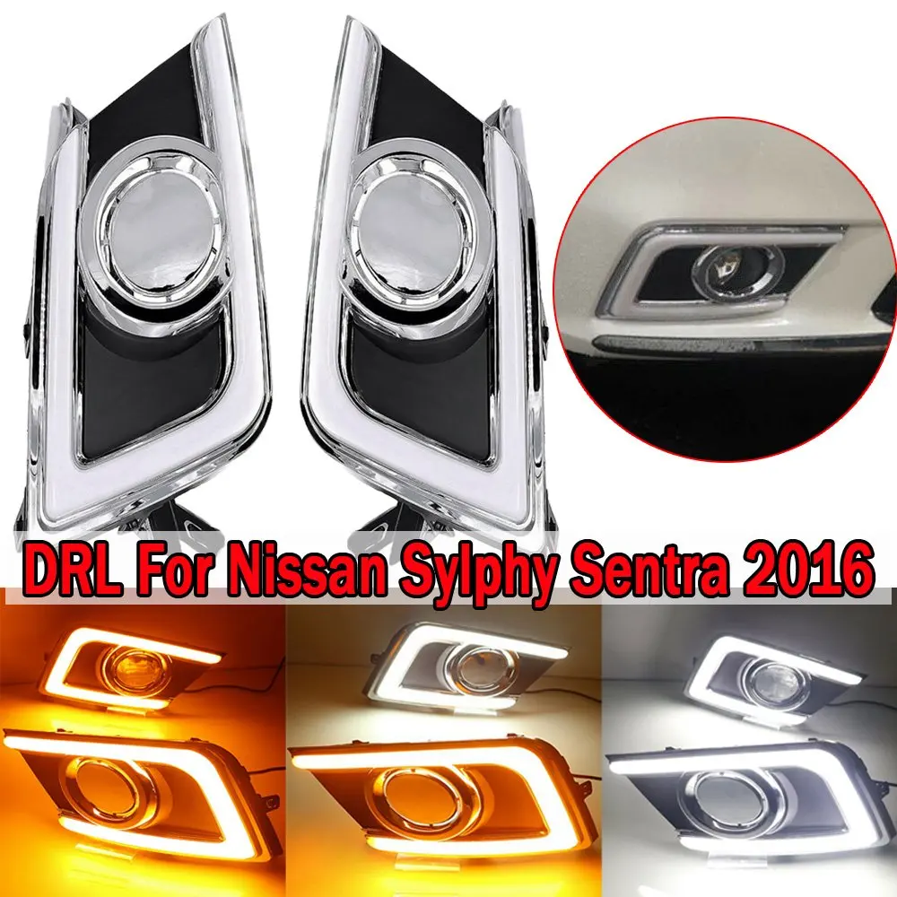 For Nissan Navara Sentra 2016 2017 DRL Daytime Running Lights Daylight Fog Light Cover With Turn Yellow Signal 12V DRL Fog