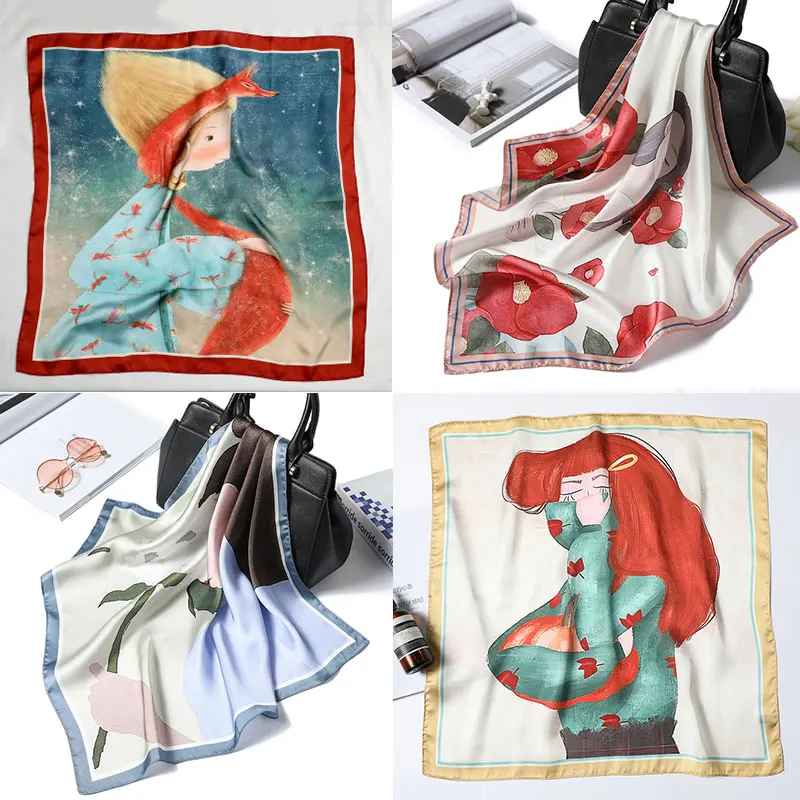 

Brand 2020 New Small Silk Hair Scarf Women Foulard Neck Wrap 55cm Square Kerchief Soft Bandana Print Lady Head Band Scarves Tie
