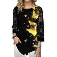 shirt blouse women plus size 5xl fashion 2020 new spring summer print black tops 34 lace sleeve elasticity female shirt casual