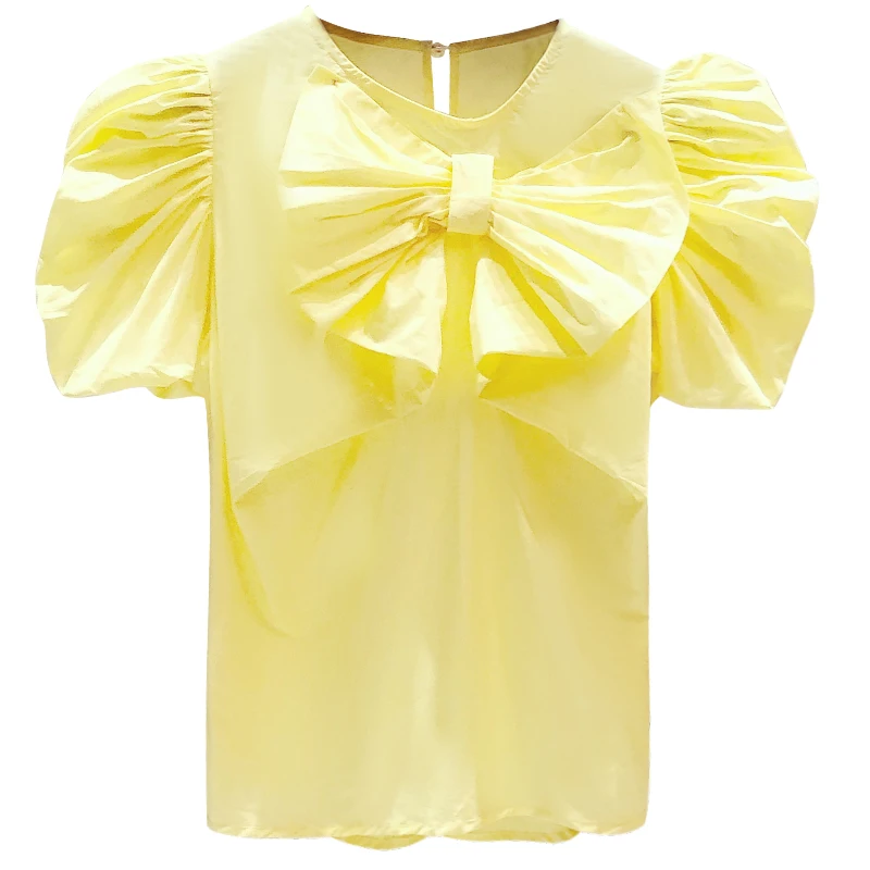 

Fashion Puff Sleeve Shirts Women Three-Dimensional Bow Split Round-Neck Yellow Blouses 2021 Summer New Casual Lady Top