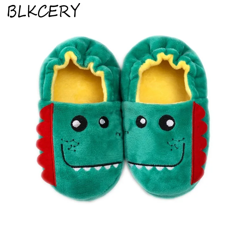 Toddler Boy Slippers Cartoon Dinosaur Plush Warm Shoe Little Kids Loafers Winter House Shoes Girl Soft Rubber Sole Home Footwear