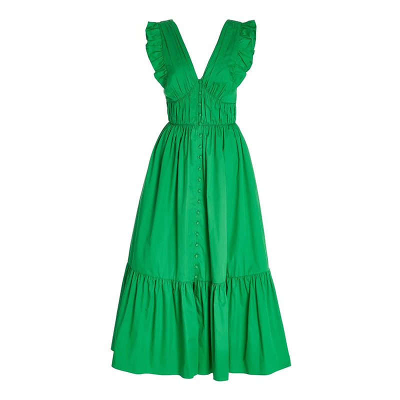 

Ruffle Dress For Women White Elegant V Neck Short Sleeve High Waist Lace Up Dresses Female Summer