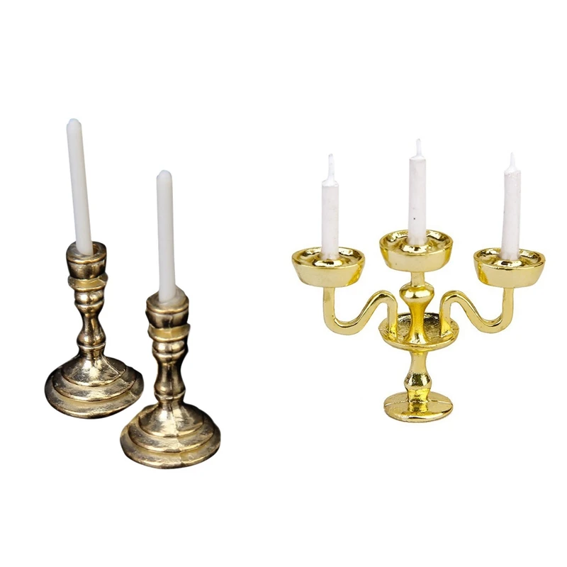 

2 Set Miniature Gold Candelabra White Candles Dollhouse 1/12 Scale 3 & 2