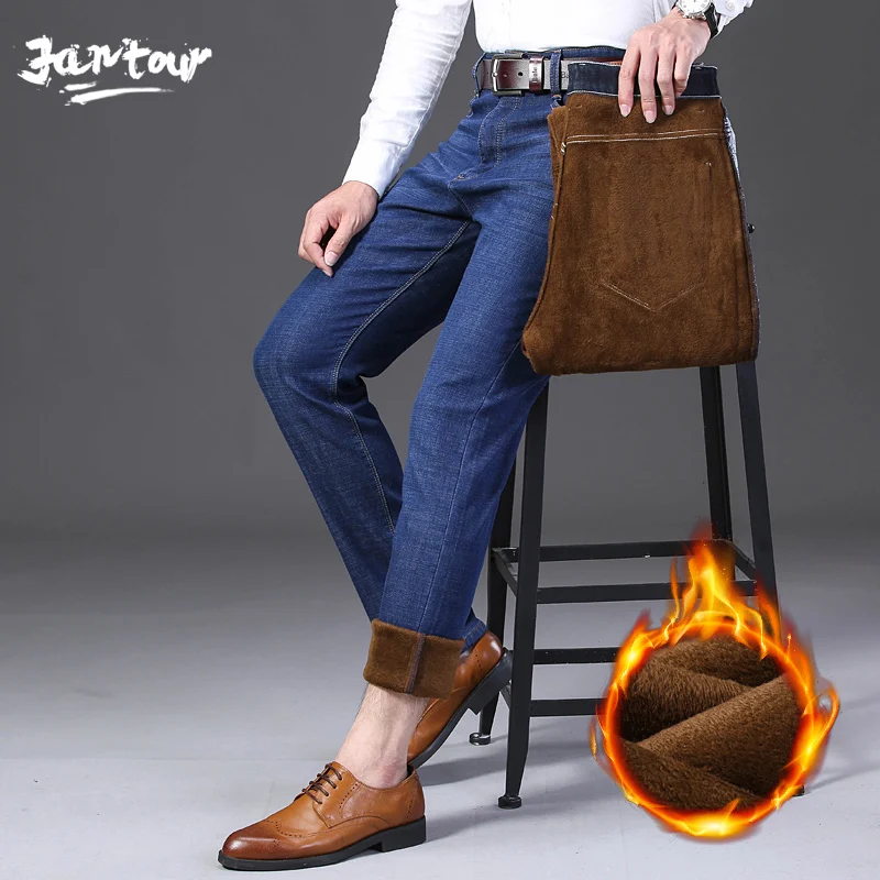 Мужские теплые джинсы высокого качества брендовые зимние прямые из плотного