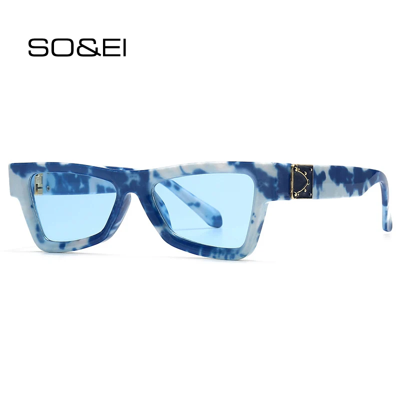

SO&EI Retro Cat Eye Women Luxury Sunglasses Fashion Brand Designer Blue White Pattern Eyewear Men Vintage Shades UV400