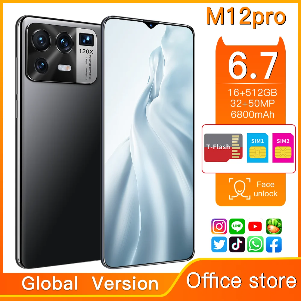 

Global Version M12 Pro 6.7 Inch 6800mAh Smartphone 16GB 512GB 32MP 50MP 10 Core Android 11 Face ID Snapdragon 888 Cell Phones