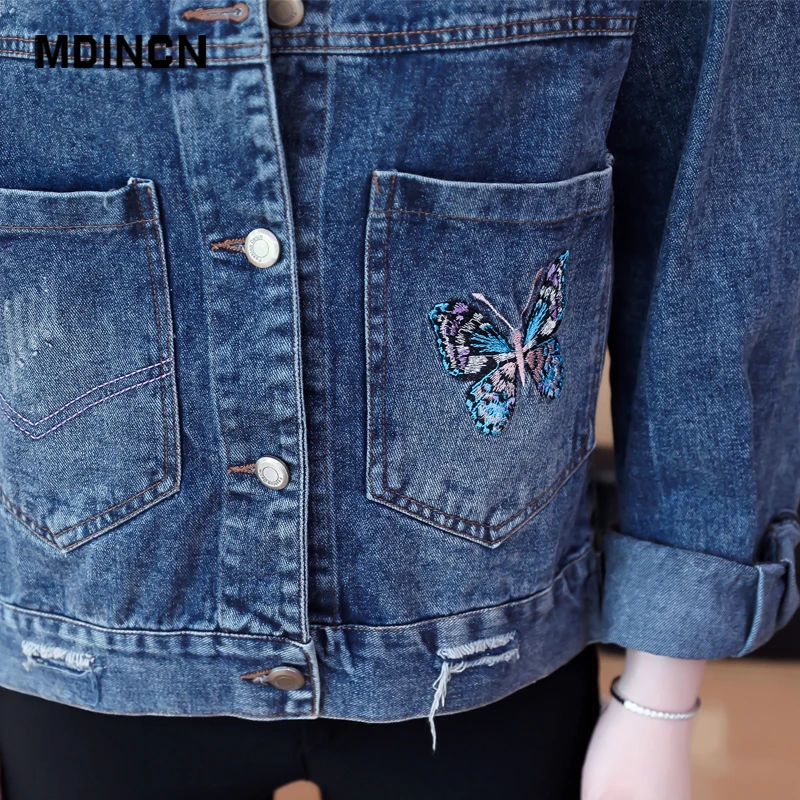 

Casual Short Women Denim Jacket Spring And Autumn Exquisite Embroidery Loose Big Pocket Net Red Outer Coat