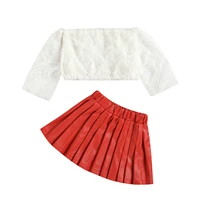lovely leather skirt casual set long sleeve off shoulder lace crop tops thigh solid color pleated skirt kids autumn clothing