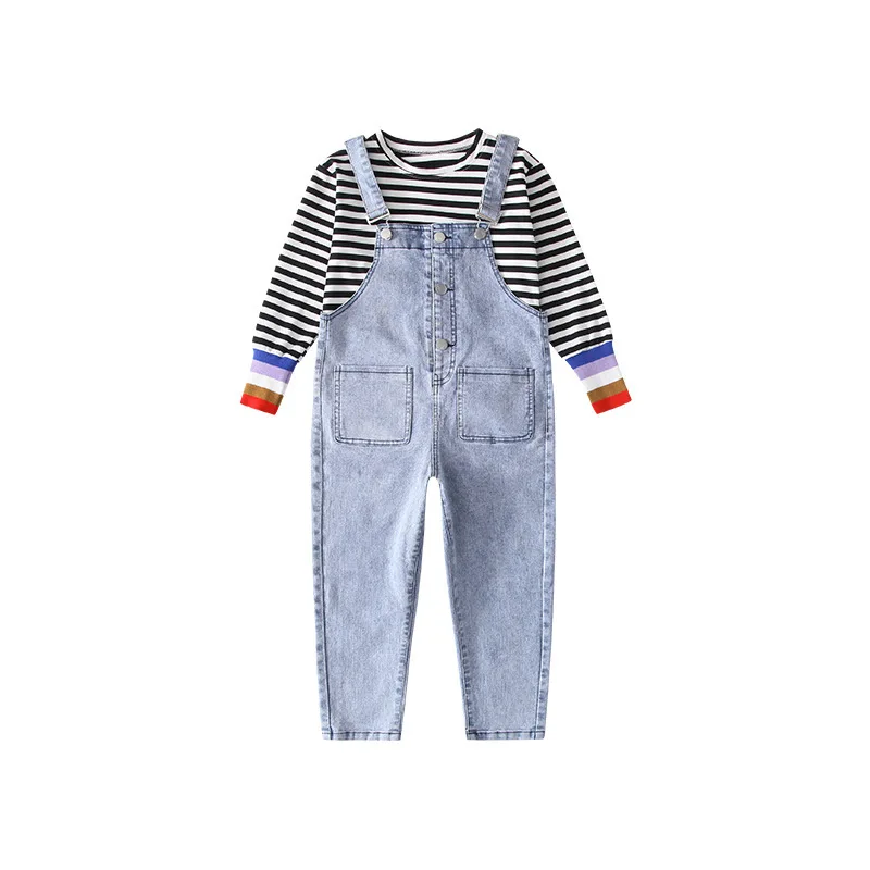 

Teenage Girls Clothes Sets Kids 2 Pcs Striped Tees Tops & Denim Suspender Trousers Suits Children Clothing Sets 10 12 14 Years