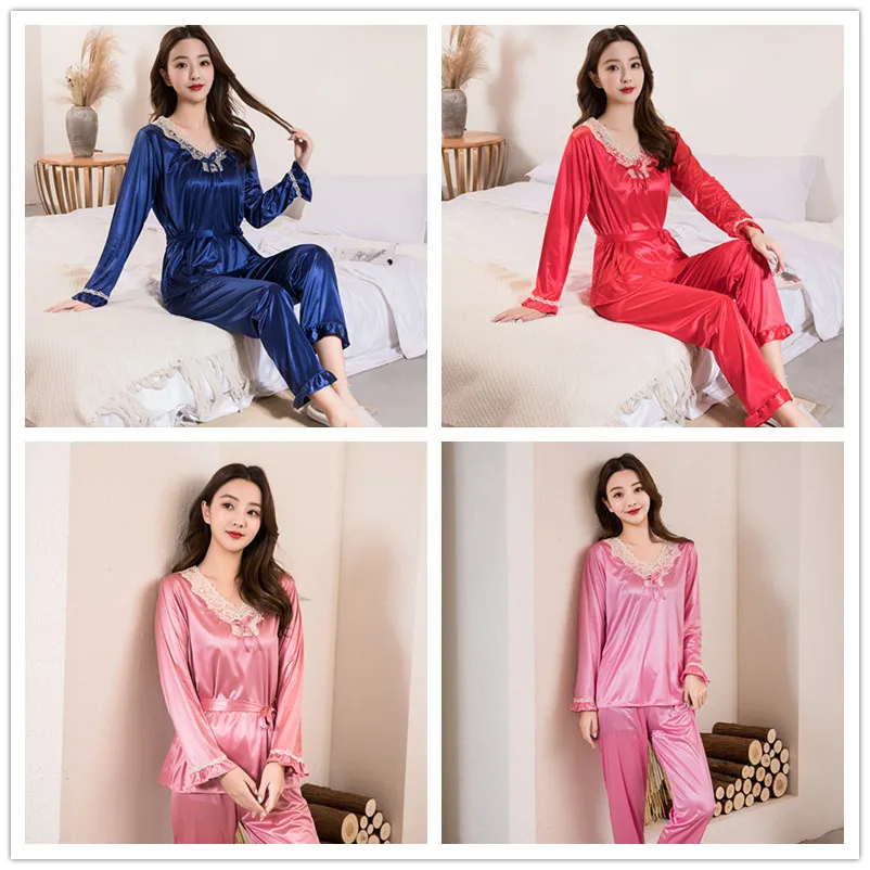 Пижама WAVMIT Женская с длинным рукавом Шелковый комплект из 2 предметов одежда для