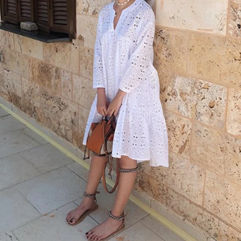 Celmia Elegant Cotton Embroidery Women's Dress Ruffled Korean White Dress New Sexy V-neck Hollow Party Vesridos Plus Size