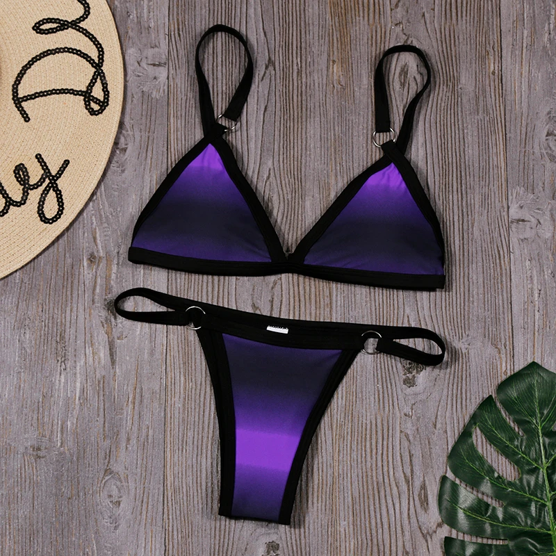 Сплошной треугольный комплект бикини сексуальное кольцо лоскутное женский