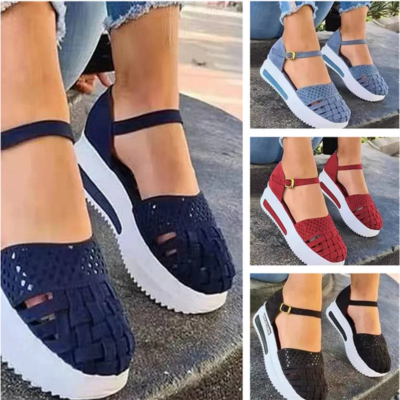 

Summer Woven Upper Round Toe Women's Sandals Lightweight Thick-soled Hollow Breathable Buckle Wear Solid Color Casual Sandals
