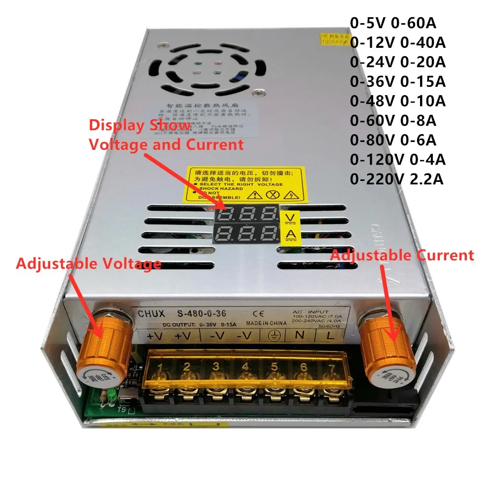 

5 в 12 В 24 в 36 в 48 в Регулируемый импульсный источник питания 60 в 80 в 120 в 160 в 220 В 480 Вт с цифровым дисплеем источник питания 5 в 12 В 24 В