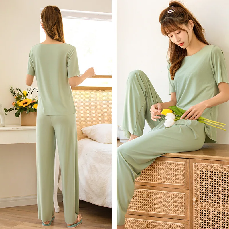 Short Sleeve Trousers Pajamas Women's Solid Color Suit Loose Ice Silk Home Clothes Lady Nightgown Female Sleepwear Sleeping Wear