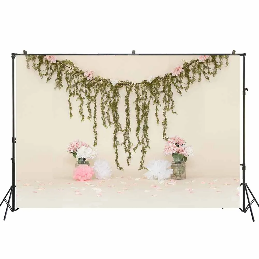 

Baby Girl 1st Birthday Photography Backdrop Cake Smash Portrait Background Spring Rattan Flowers Decors Beige Wall Studio Photos
