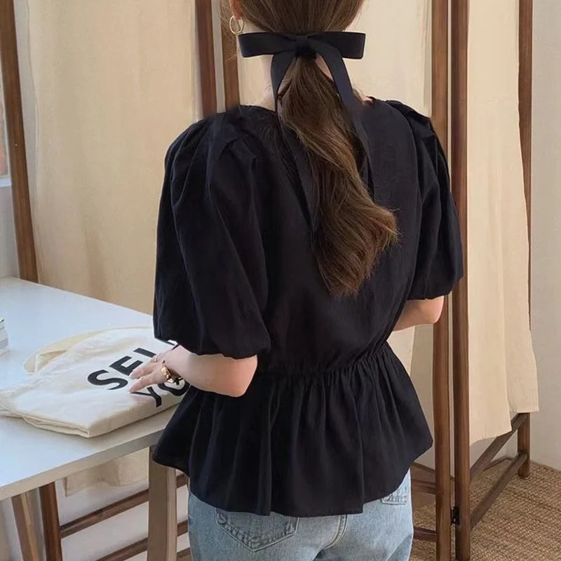 

Korean Fashion Ruffled Summer Woman Blouses O-Neck Patchwork Solid Loose Top Female Short Sleeve Shirt Women Clothes Blusa 14297