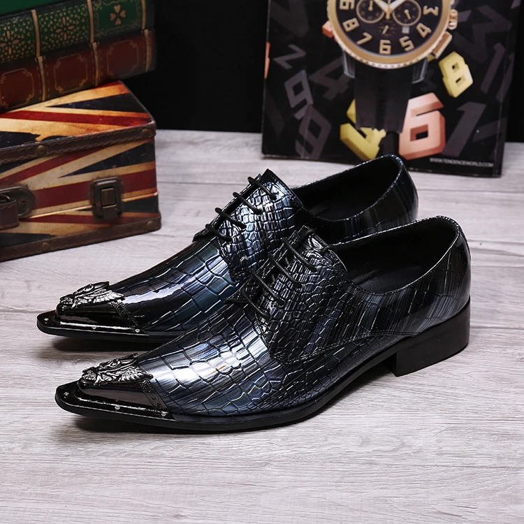 

Christia Bella British Style Metal Pointed Toe Man Lacp Up Oxfords Shoes Genuine Leather Party Dress Men's Big Size Brogue Shoes