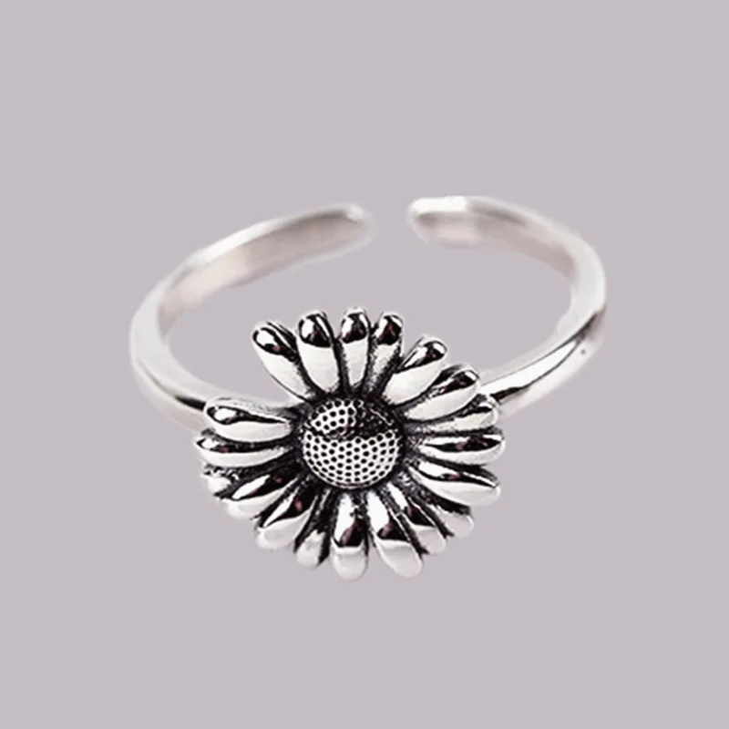 

PANJBJ 925 Sterling Silver Silver Sun Flower Opening Ring For Women Ashion All-match Personality Exquisite Jewelry Gift