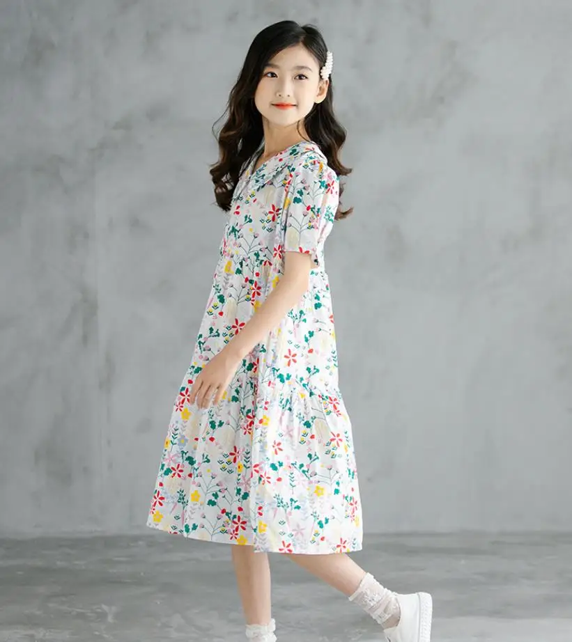 

Cotton Teen Floral Midi Dress 2021 New Summer Girls Clothes Mommy and Me Dress Korean Baby Clothes Kids L1086