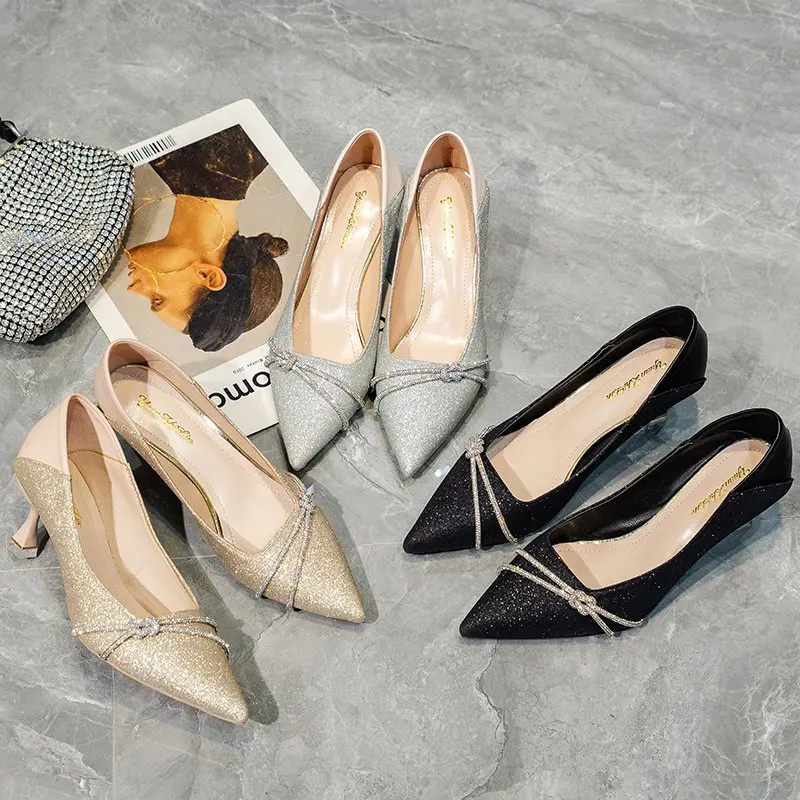 

2021 Shallow Pointed Toe Stiletto Rhinestone Decoration Sequined Fashion High Heels Summer Wedding Party Pumps Zapatos De Mujer
