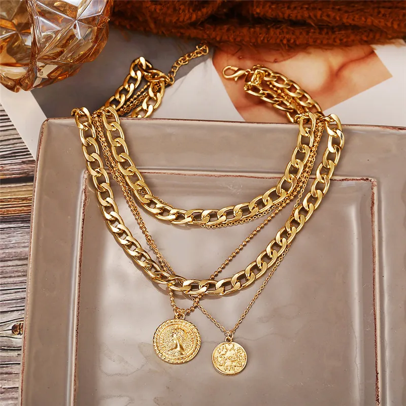 

1pc Punk Retro Portrait of Exaggerated Thick Chain Necklace Double Personality Chain Hip-hop Neck Short Chain Jewerly