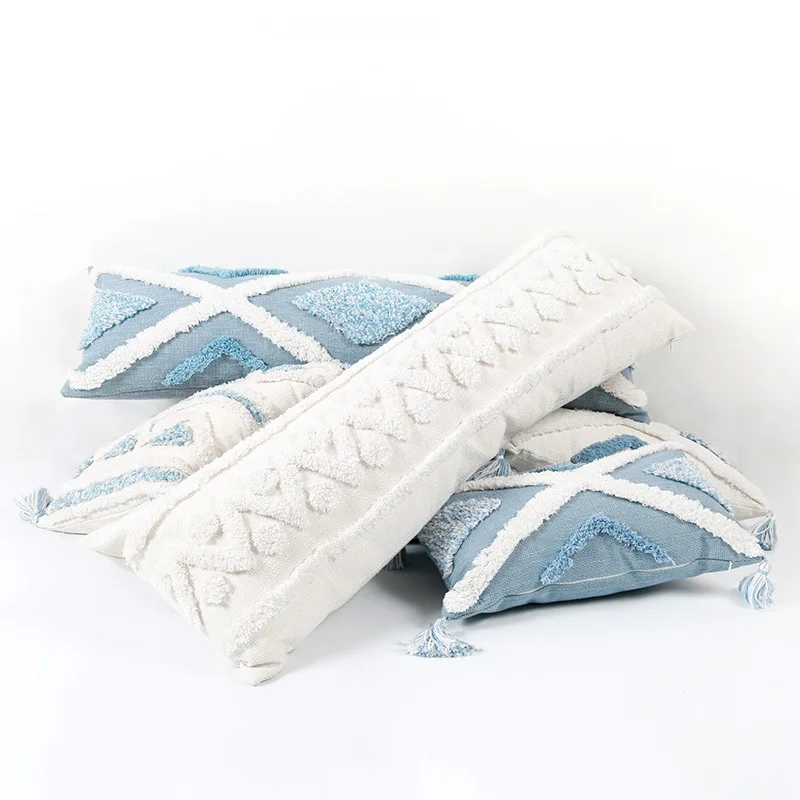 Стеганой синей Подушка Чехол в богемном стиле Стиль подушка с кисточками крышка