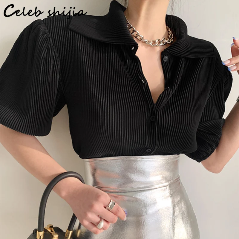 

Black Puff Sleeve Women Shirts Button Up Spring 2022 Summer Turn-down Collar Loose Blouses Tops Woman Korean Business Shirt Lady