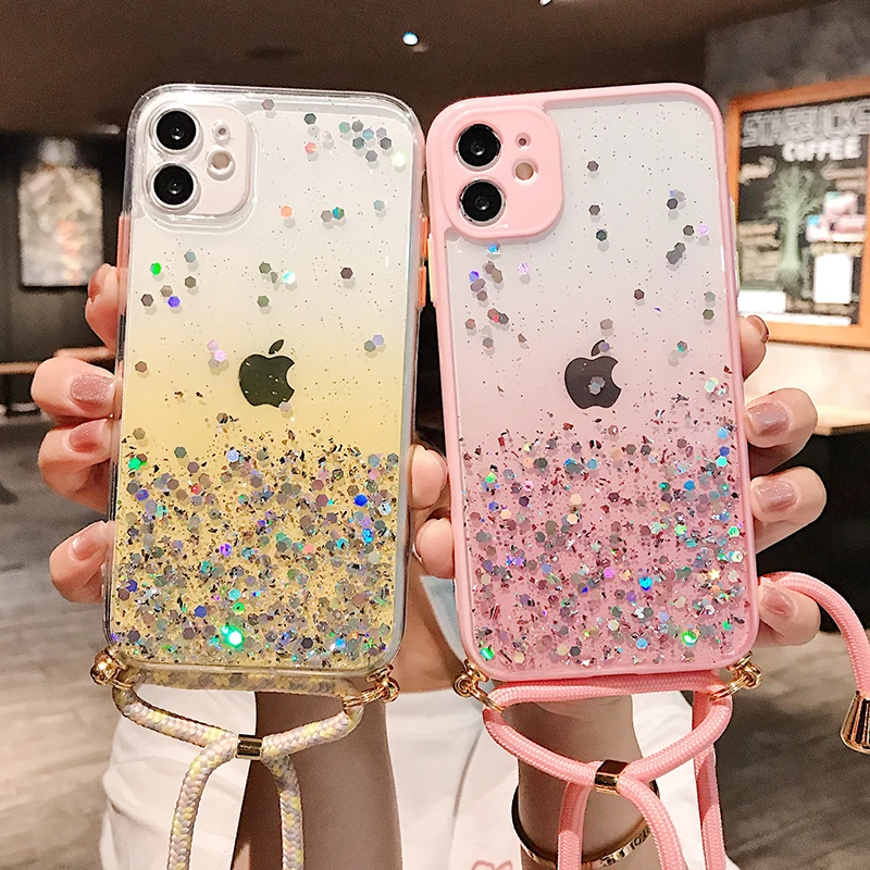 

Gradient Glitter Silver Lanyard Phone Case For iPhone SE 2020 11 11Pro XR X XS Max 7 8Plus Clear Shoulder Neck Strap Rope Cover